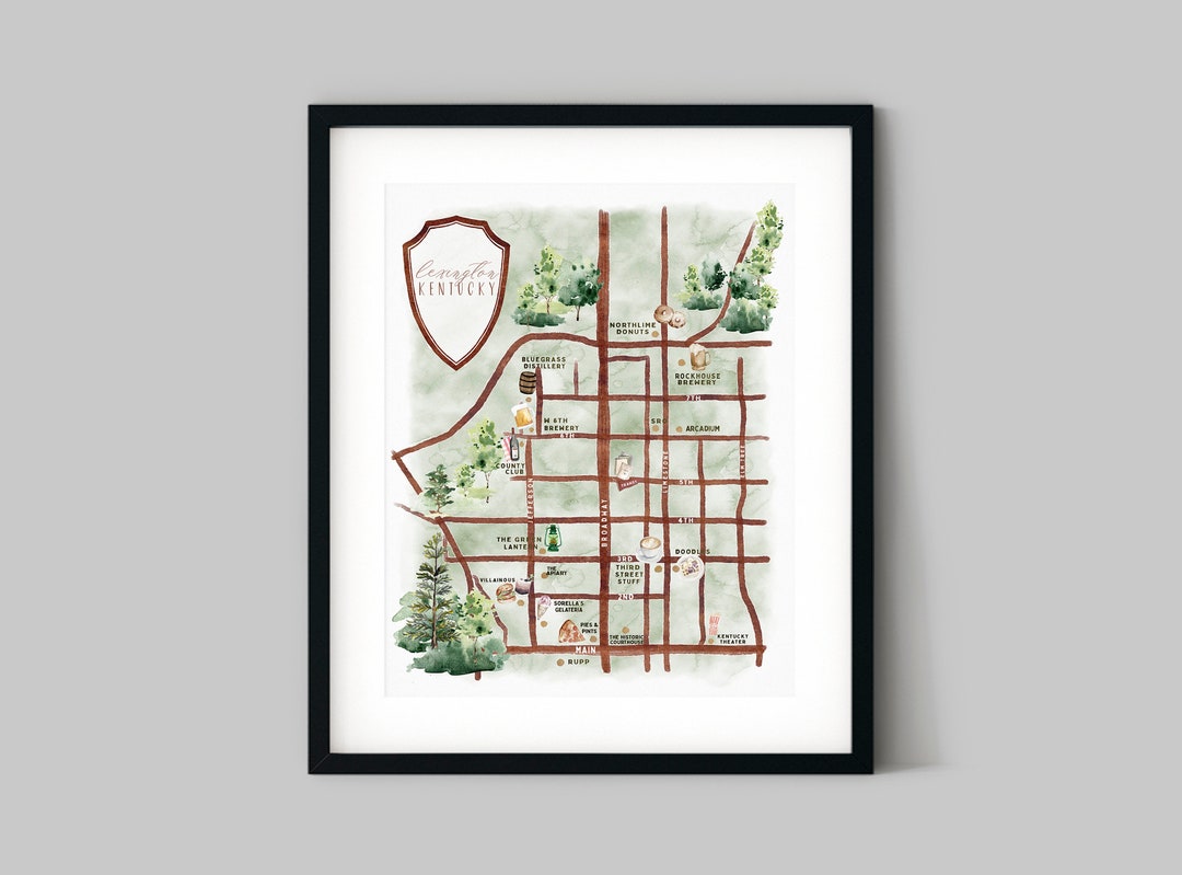 Downtown Lexington Map in Brown Hand Painted Watercolor Maps