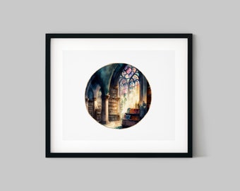 Evening in the Library #1 Watercolor Print - Book Lover Watercolor Series, Watercolor Style Home Decor, Illustration Print, Housewarming