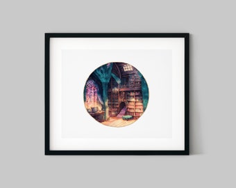 Evening in the Library #2 Watercolor Print - Book Lover Watercolor Series, Watercolor Style Home Decor, Illustration Print, Housewarming