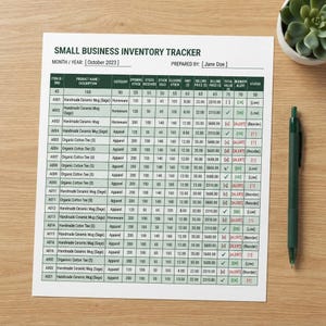 May include: A printed Small Business Inventory Tracker document with a table containing columns for SKU, product name, category, stock levels, and pricing. The form includes fields for month, year, and preparer name, accompanied by a dark green pen.