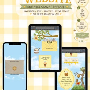 May include: A digital baby shower website template displayed on a smartphone and two tablets. The design features a light blue sky background with honeybee, beehive, and cartoon bear illustrations, including text for RSVP, gift registry, and diaper raffle.