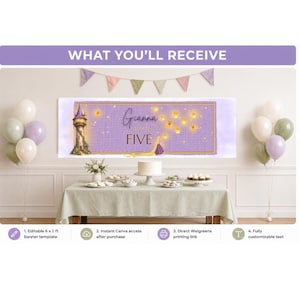 May include: A rectangular purple banner template featuring a tall stone tower, floating lanterns, and the text Gianna is floating into FIVE. The design includes a gold border and a character with long blonde hair, presented as a digital party decoration.