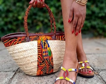 African Woven Tote Bag & Matching Beaded Sandals Set – Handmade Ankara Fashion Accessories