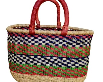 Borsa da mercato africana tessuta a mano con manici in pelle – Borsa a cestino intrecciata colorata