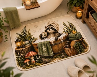 Raccoon Spa Bath Mat | Woodland Mushrooms, Ferns, Cozy Soak