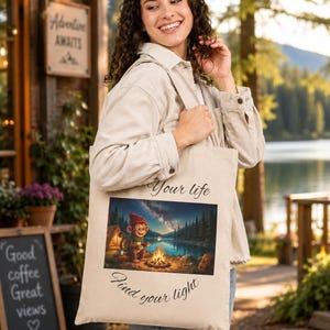 Camping Tote Bag, 12 Oz Cotton Canvas with Monkey Campfire Print