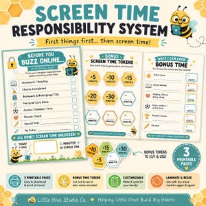 Könnte beinhalten: Ein druckbares System für Bildschirmzeit-Verantwortung mit Bienen-Motiv. Es enthält eine Checkliste für tägliche Aufgaben, ein Blatt mit Bonus-Token für zusätzliche Minuten und einen Belohnungs-Tracker in Gelb, Türkis und Weiß mit Wabenmustern.