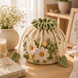 May include: A cream-colored crochet drawstring pouch featuring a ruffled green top edge and decorative floral appliqués. The bag is adorned with white and yellow crocheted daisies, green leaves, and small gold beads, with two green leaf-shaped drawstring ends.