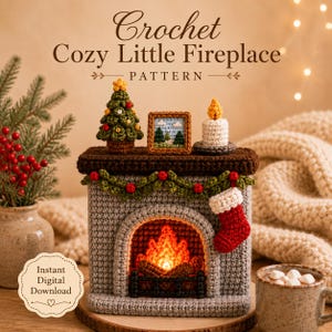 May include: A crochet pattern for a fireplace featuring the text Crochet Cozy Little Fireplace PATTERN. The gray fireplace has a brown mantel, a red stocking, a green garland with red berries, and a glowing orange fire with brown logs inside.