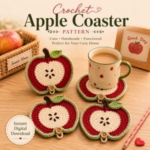 May include: Three crocheted apple-shaped coasters featuring a red outer ring, a cream-colored center with dark brown seeds, a small brown stem, a green leaf, and a wooden button at the base. Text reads: Crochet Apple Coaster PATTERN.