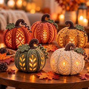 May include: Five crocheted pumpkins in orange, rust, yellow, green, and cream, each featuring intricate openwork patterns and a dark brown stem. These hollow, yarn-crafted decorations are illuminated from within, casting a warm glow.