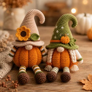 Puede incluir: Dos gnomos de ganchillo hechos a mano con cuerpos en forma de calabaza. El gnomo de la izquierda lleva un sombrero beige con un girasol y una hoja verde. El de la derecha lleva un sombrero verde con estrellas bordadas y dos trenzas.