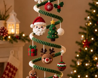 Häkelanleitung für ein spiralförmiges Weihnachtsmobile, Weihnachtsmann, Rentier, Schneemann (Amigurumi) – PDF, mittelschwer, sofortiger Download