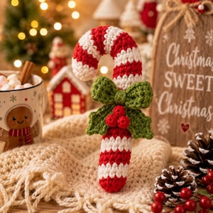 May include: A crocheted candy cane ornament featuring alternating red and white stripes, adorned with a green crocheted bow and three small red crocheted holly berries attached to the center of the candy cane's curved stem.
