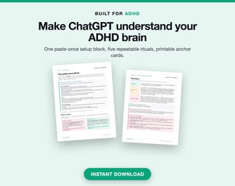Kit de inicio de IA para TDAH, indicaciones de ChatGPT, instrucciones personalizadas, rituales (descarga digital en PDF)