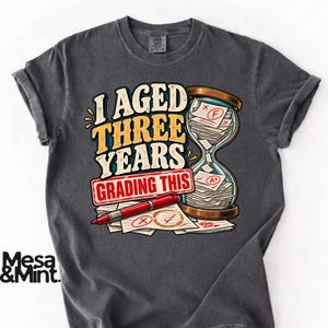 Puede incluir: Una camiseta gris carbón con un gráfico de un reloj de arena lleno de papeles calificados, un bolígrafo rojo y el texto "I AGED THREE YEARS GRADING THIS" en letras amarillas y blancas. El diseño incluye papeles marcados con F, A+ y marcas.