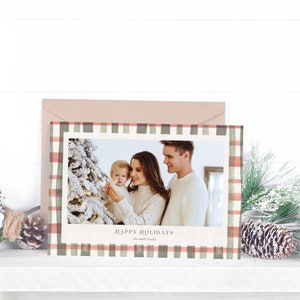 Modelo de cartão de Natal xadrez horizontal, modelo de cartão de foto de feriado, imprima seu próprio cartão, cartão de feriado, modelo Canva, aquarela, 5x7,