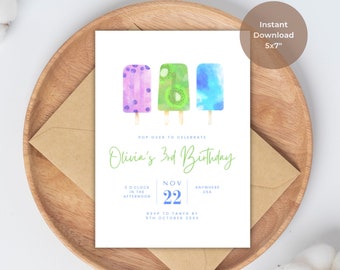 Blue Popsicle Birthday Invitation, Summer Birthday, Printable Editable Download Template, Retro Ice Pop Bday Invite, Popsicle Invitation