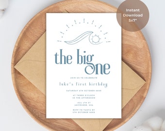 The Big One Surf Birthday Invitation, Minimalist Birthday, Beach Birthday, Canva Template, Beach Party, Surf Birthday, First Birthday Invite