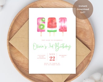 Popsicle Birthday Invitation, Summer Birthday, Printable Editable Digital Download Template, Retro Ice Pop Bday Invite, Popsicle Invitation