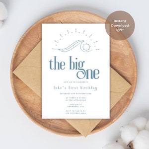 The Big One Surf Birthday Invitation, Minimalist Birthday, Beach Birthday, Canva Template, Beach Party, Surf Birthday, First Birthday Invite