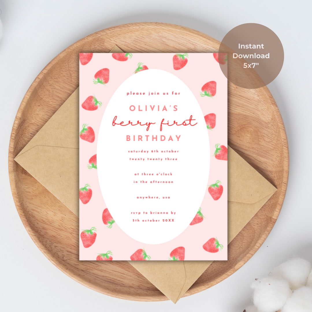 Editable Pink Gingham Berry First Birthday Invitation, Strawberry 1st ...