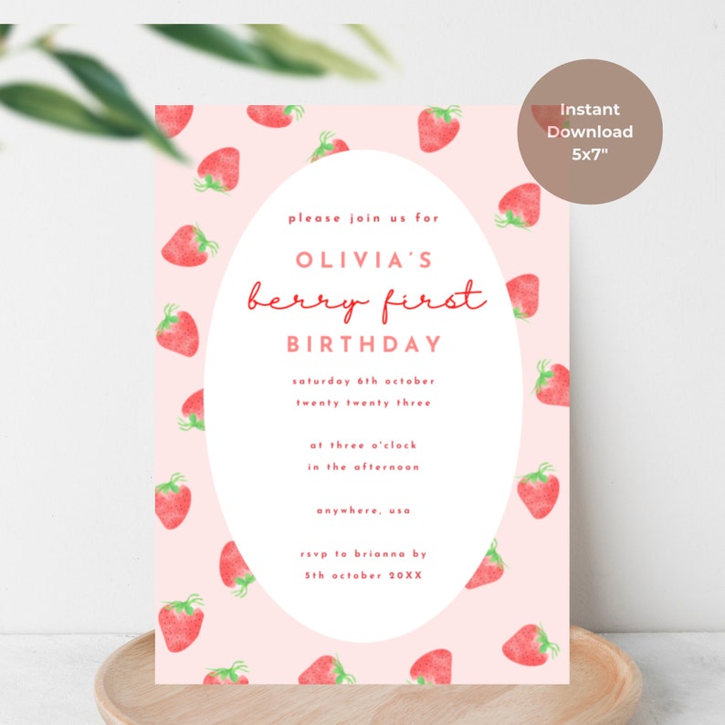 Editable Pink Gingham Berry First Birthday Invitation, Strawberry 1st ...