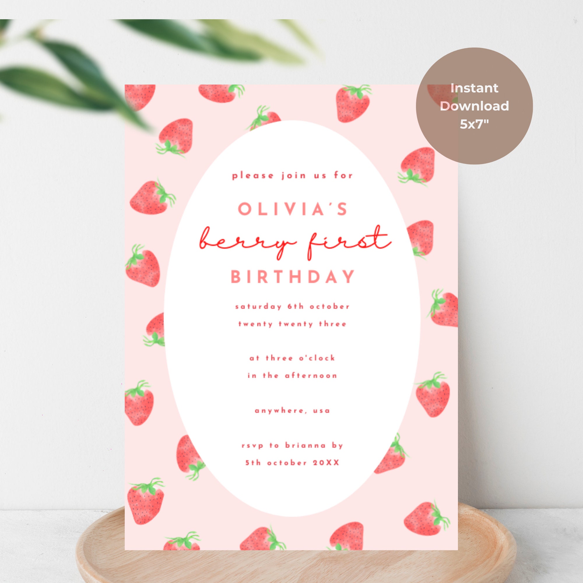 Editable Pink Gingham Berry First Birthday Invitation, Strawberry 1st ...