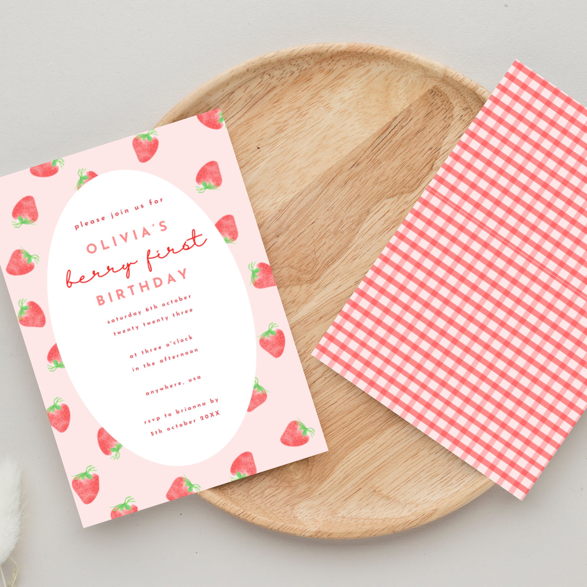 Editable Pink Gingham Berry First Birthday Invitation, Strawberry 1st ...