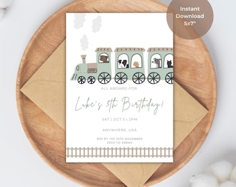 Animal Train Birthday Invitation Editable, All Aboard Boys Evite, Train Birthday Printable Invite, Train Birthday, Canva Instant Download