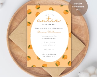 Kleine Cutie baby shower uitnodigen, neutrale baby shower uitnodiging, Clementine douche uitnodigen, Instant Download, genderneutraal, oranje uitnodigen