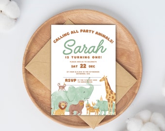 Safari Tiere Geburtstagseinladung Vorlage Canva Invite Download Bearbeitbares Ereignis Party Feier Anpassbare Geburtstagseinladung