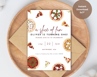 Pizza Party Invitation TEMPLATE, Slice of Fun First Birthday Invite, Instant Download Editable Digital Template, Instant Download Canva