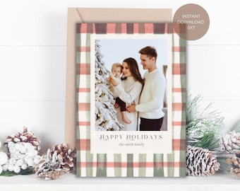 Plaid Christmas Card Template, Holiday Photo Card Template, Print your Own Card, Holiday Card, Canva Template, Watercolor, 5x7, 1Up & 2Up
