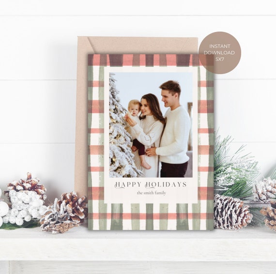 Plaid Christmas Card Template, Holiday Photo Card Template, Print your Own Card, Holiday Card, Canva Template, Watercolor, 5x7, 1Up & 2Up
