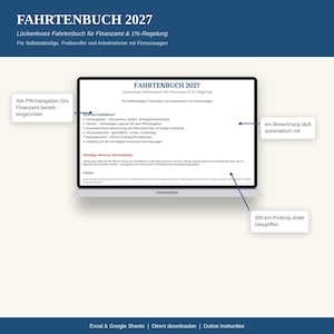 Op de afbeelding: Een digitaal rittenregistratiesjabloon getiteld FAHRTENBUCH 2027 weergegeven op een laptopscherm. Het document bevat secties voor voertuiggegevens, ritten, automatische kilometerberekening, maandoverzichten en een 500-km controle.