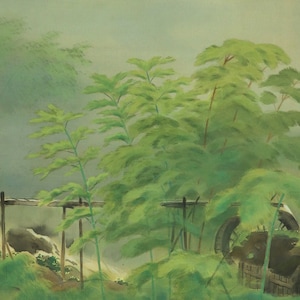 Vintage japanische Landschaftsbild zum Aufhängen, Sansui Landschaft, Bambus Gemälde, Landhaus im Bambus, Bambus Gemälde, Kakemono Rolle, R503313