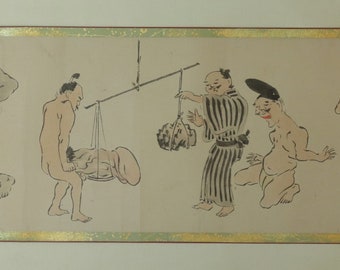 Antique Tobae Makimono Scroll, Shunga Art, Edo Comic Manga Art Caricature Asian Antiques R58294