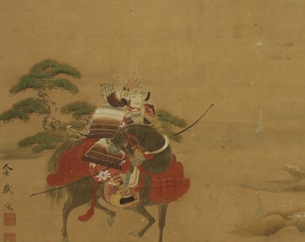 Pintura antigua de un samurái japonés a caballo, tinta sobre pergamino colgante de seda