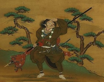 Pergamino colgante de guerrero samurái antiguo, pintura japonesa Yamato-e del período Edo R712122