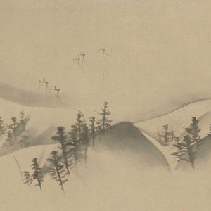 May include: A black and white ink painting of a mountain landscape with a misty background. The painting features a series of mountain peaks and a few trees in the foreground. The painting is done in a traditional Japanese style.