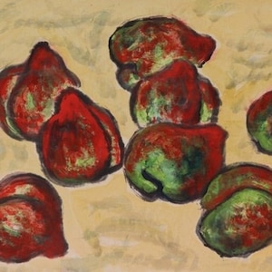May include: A painting of red and green fruits on a light yellow background. The fruits are painted in a loose, expressive style, with visible brushstrokes. The painting is signed in the upper left corner with a red seal.