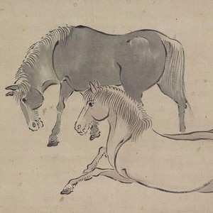 May include: Ink wash painting of two horses. One horse stands, while the other reclines. The artwork is in shades of gray and white, with visible brushstrokes. The painting has Japanese characters.