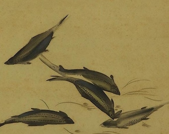 Vintage Japanese Wall Hanging Decor,Wall Decor,Fish Art,Fish Painting,Fish Wall Hanging,Japanese Art,Hanging Scroll,Vintage Decor,R611073