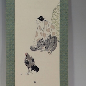 Vintage Japanese Wall Hanging Scroll Painting,Cockfighting,Kakemono Scroll,Chicken Painting,Bird and Flower Painting,Kakemono Scroll,R504183