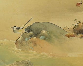 栗の木にとまるキツツキを描いた日本の掛け軸 – 庄三作、手描き絹製