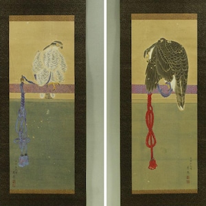 May include: Two vertical hanging scrolls featuring detailed paintings of hawks perched on horizontal bars. One hawk is light-coloured with a blue tether, while the other is dark-feathered with a red tether. Both scrolls have gold floral borders.