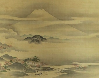 Large Antique Japanese Wall Hanging Decor,Wall Decor,Beautiful Landscape Painting,Japanese Kakemono Scroll Painting,Mt. Fuji Painting,R59263