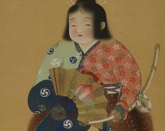 Pintura vintage en pergamino colgante, samurái, arte samurái, folclore japonés, Momotaro, pintura samurái, pergamino colgante Kakemono, arte japonés, R503201