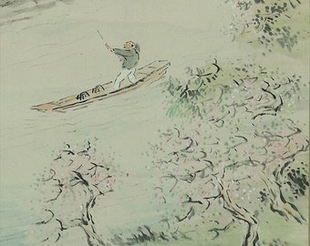 Vintage Hanging Scroll Painting,Landscape,Cherry Blossom Painting,Japanese Kakemono Painting,Cherry Blossom viewing,Cherry Blossom Art,R6884
